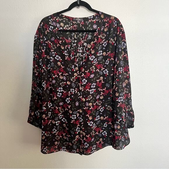 NYDJ Black Red Blue Floral Long Sleeve Back Pleated Blouse Women's Plus size 3X - Picture 1 of 6